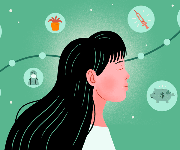mindfulness graphic depiting lady with symbols of positive and negative influences